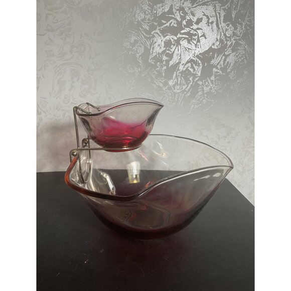 Vintage Indiana Glass Clear And Ruby Red Chip And Dip Salad Bowl SetMid-Century - Picture 2 of 5